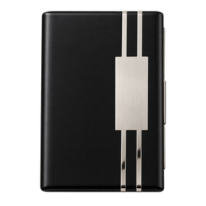 Executive desk accessories including a business card holder, ballpoint pen and leather keychain